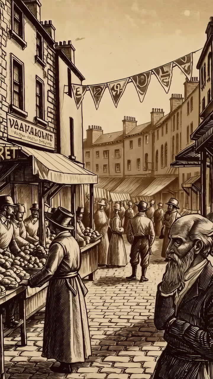 A vintage engraving of a bustling street market
