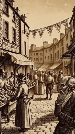 a vintage engraving of a bustling street market