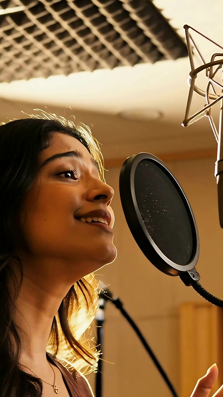 Video verticale: Registrazione di una cantante con un top marrone che canta all'inizio della sessione, vicino a un filtro anti-pop per microfono in cabina.