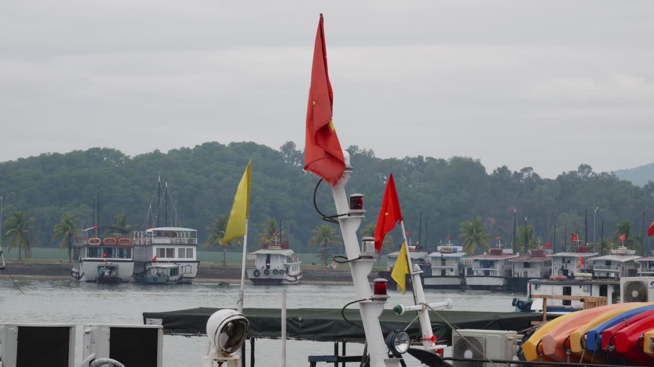 베트남의 하롱 만의 항구에서 바람과 함께 흔들리는 베트남과 노란 발