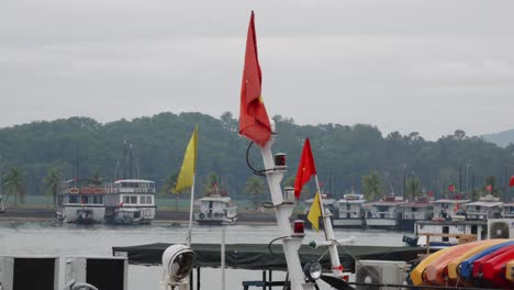 Banderas-Vietnamitas-Y-Amarillas-Ondeando-Con-El-Viento-En-El-Puerto-De-La-Bahía-De-Ha-Long,-Vietnam