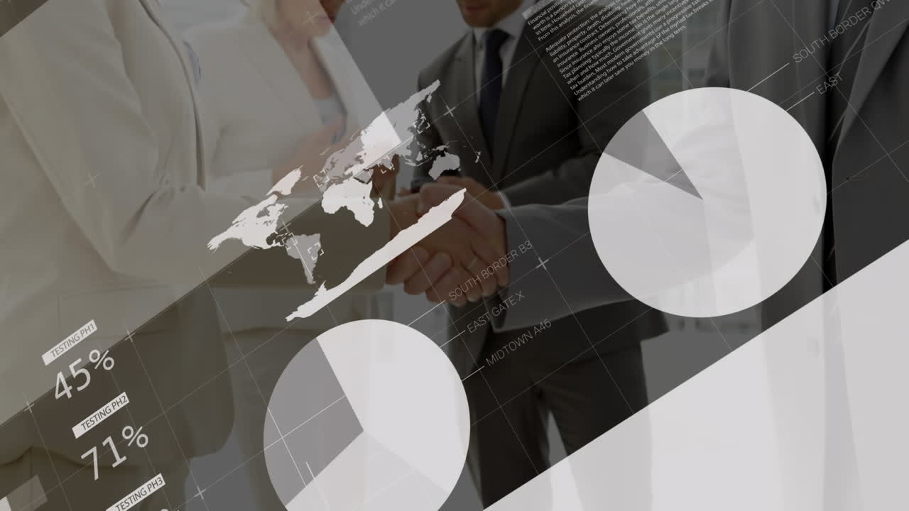 procesamiento de datos estadísticos contra hombre de negocios y mujer de negocios estrechando la mano en la oficina