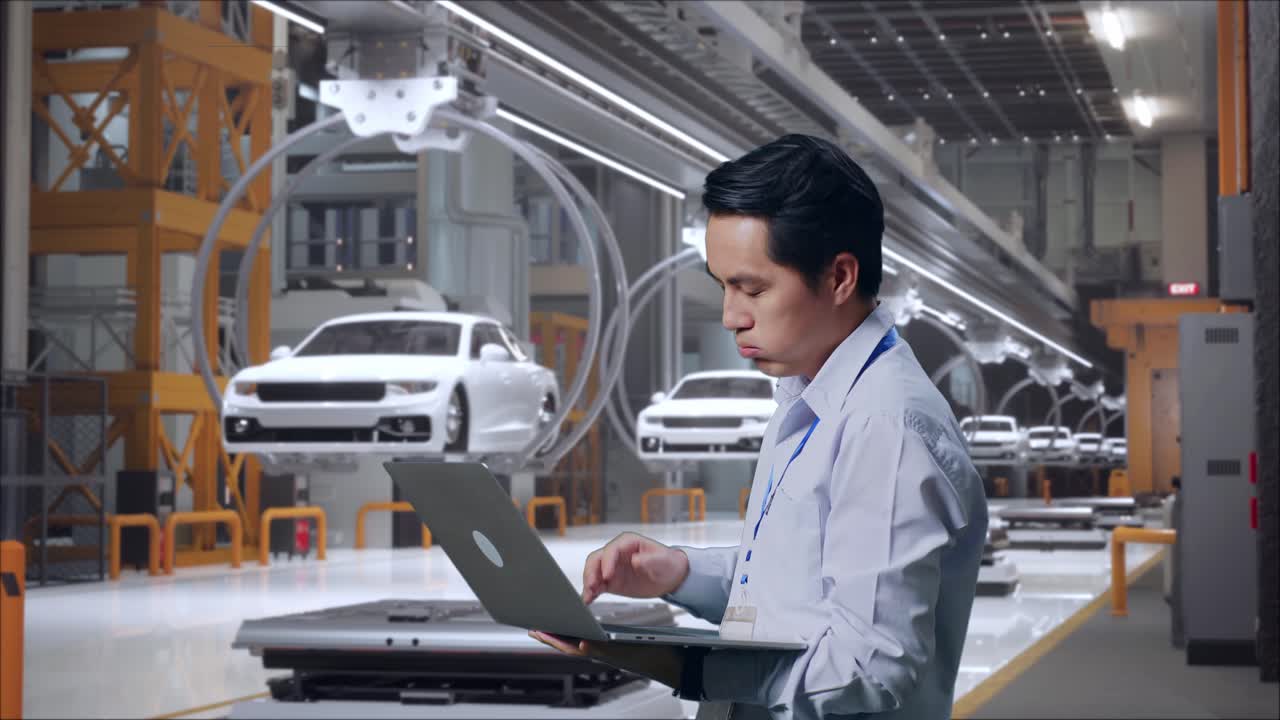 노트북을 사용하는 공장 노동자