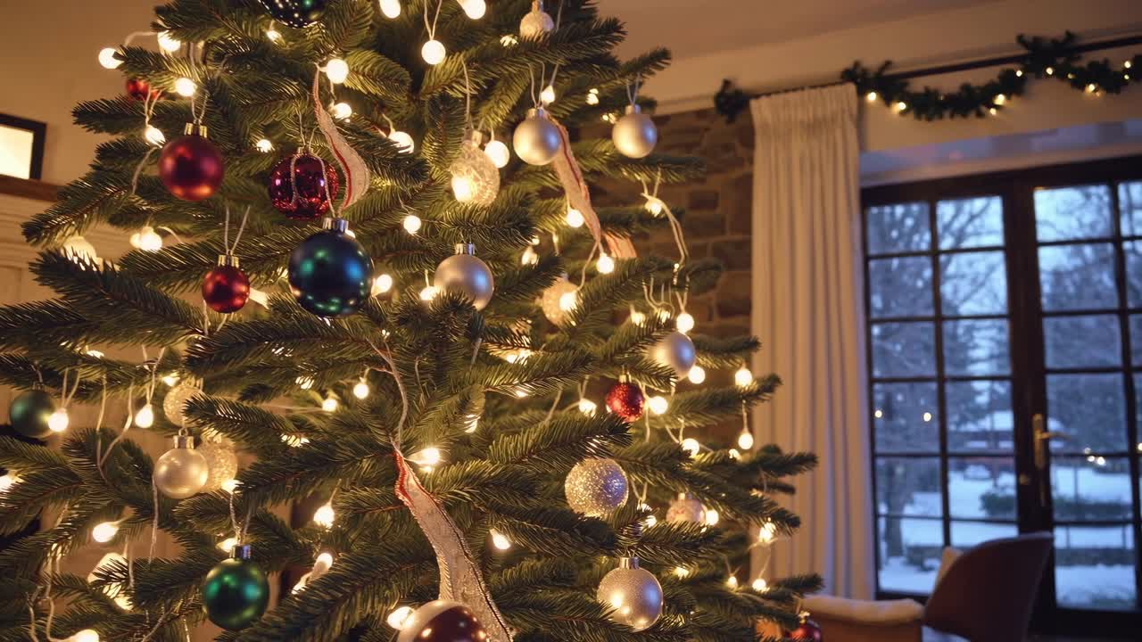 Cozy Christmas tree adorned with colorful ornaments and warm lights, captured from a low angle