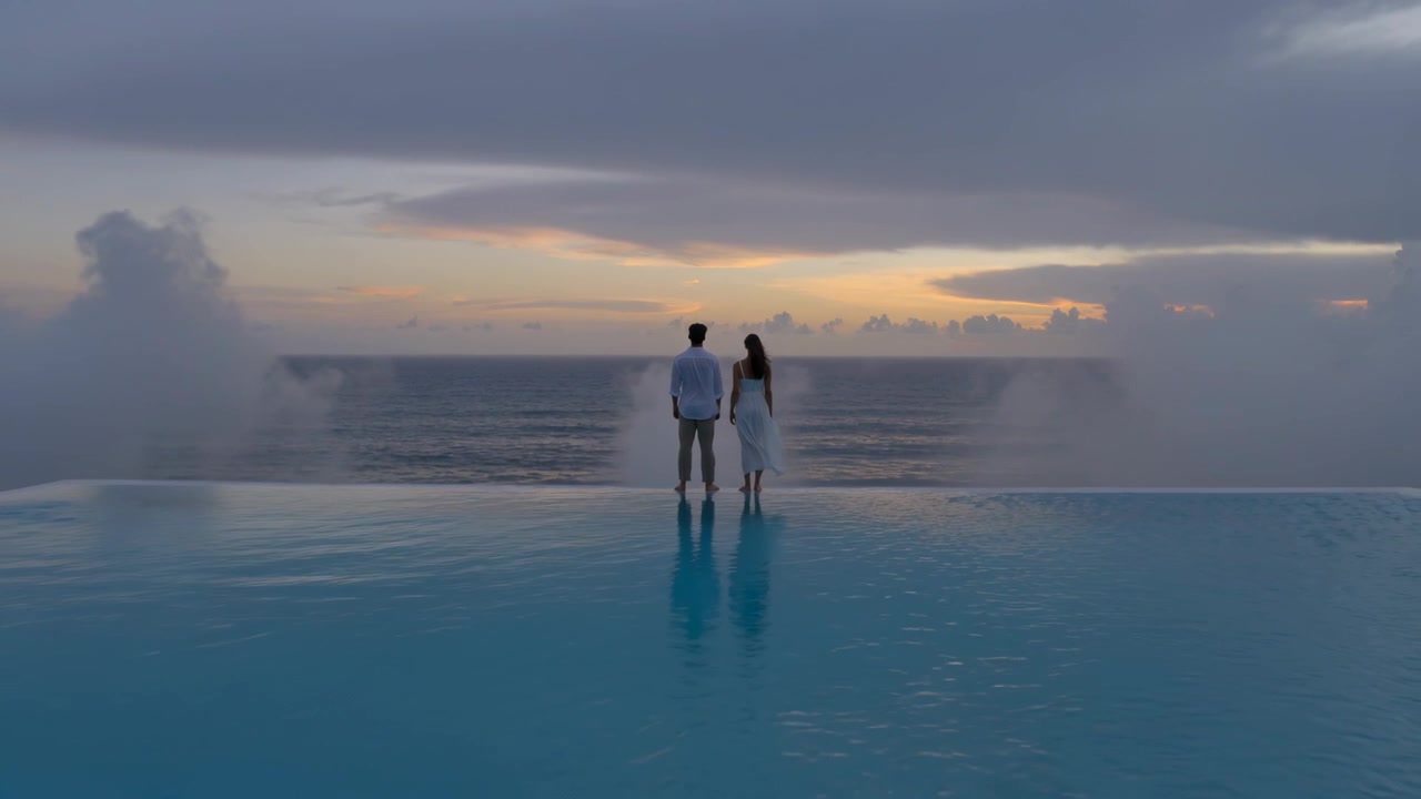 Stehendes Paar beobachtet Sonnenuntergang am Infinity-Pool, Kamera fährt zurück, Mann im Hemd, Frau im Kleid.