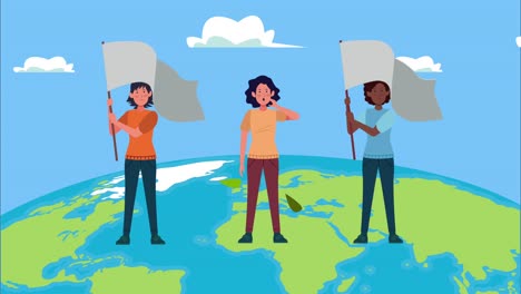 mujeres protestando con banderas en los personajes del planeta