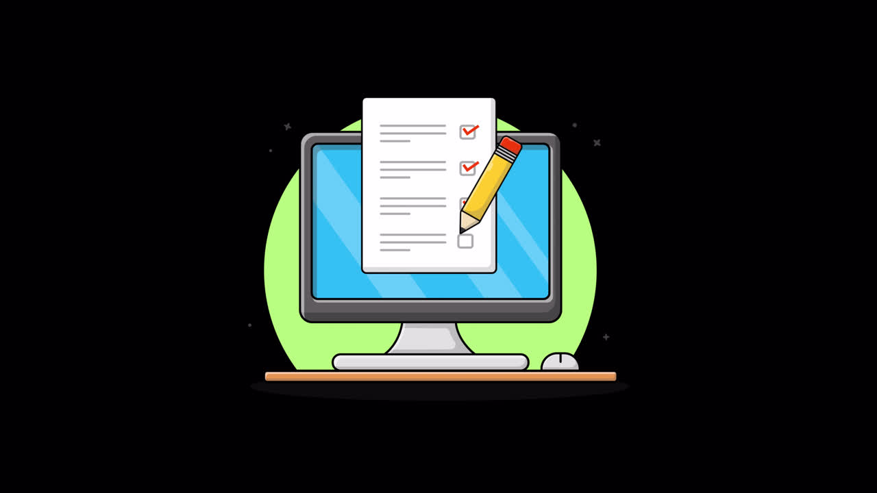 Animeret computerskærm med tjekliste og blyant, der afkrydser elementer.