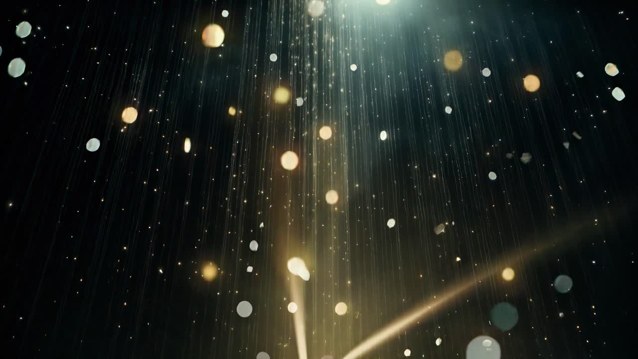Abstract video with a vertical camera angle capturing falling bokeh lights, creating a dreamy