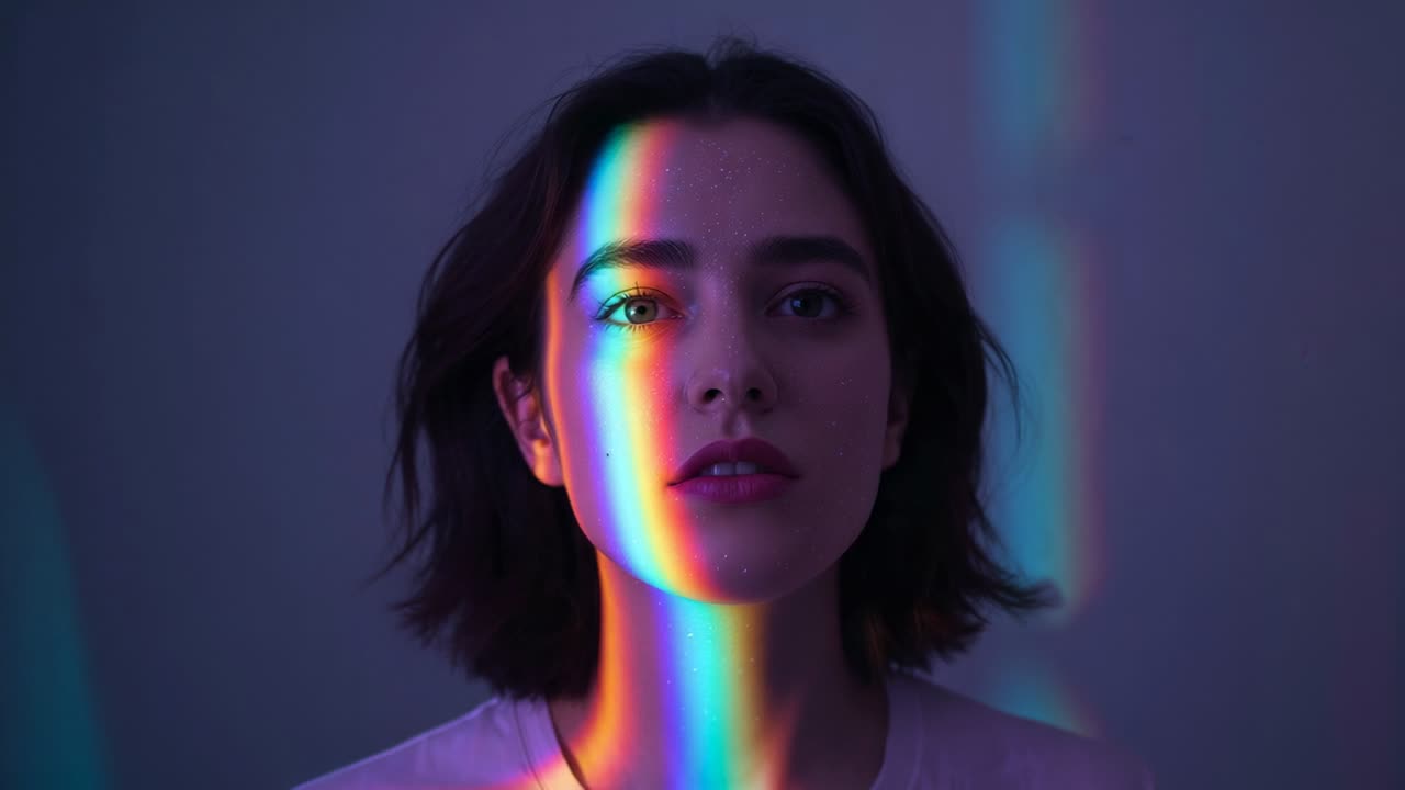 Prism beam activating, casting shifting rainbow light on her face in dim studio for portrait effect