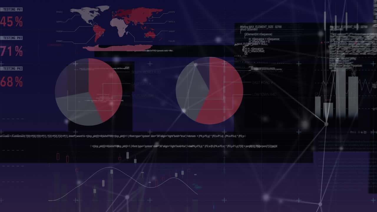animación de estadísticas y procesamiento de datos sobre un fondo oscuro
