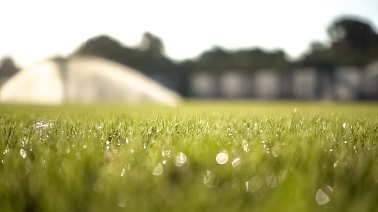 Golf club hits a golf ball in a super slow motion. Drops of morning dew and grass particles rise into the air after the impact.