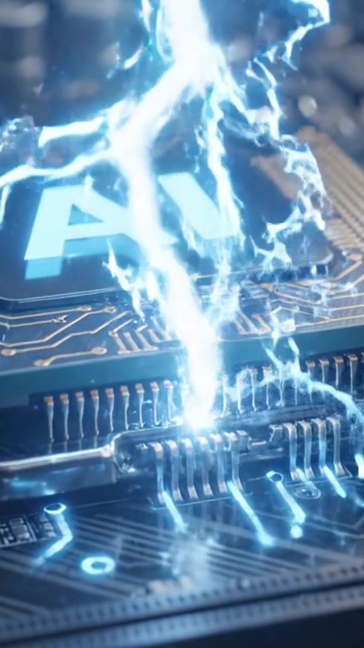Exploring the Intricacies of AI Technology: A Close-Up on Circuit Boards and Microchips Illuminated with Electric Signals