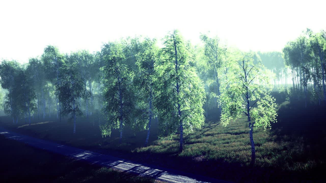 Misty forest pathway illuminated by gentle morning light in serene landscape