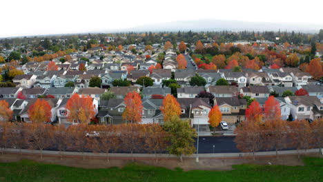 aerial view of a suburban neighborhood in autumn