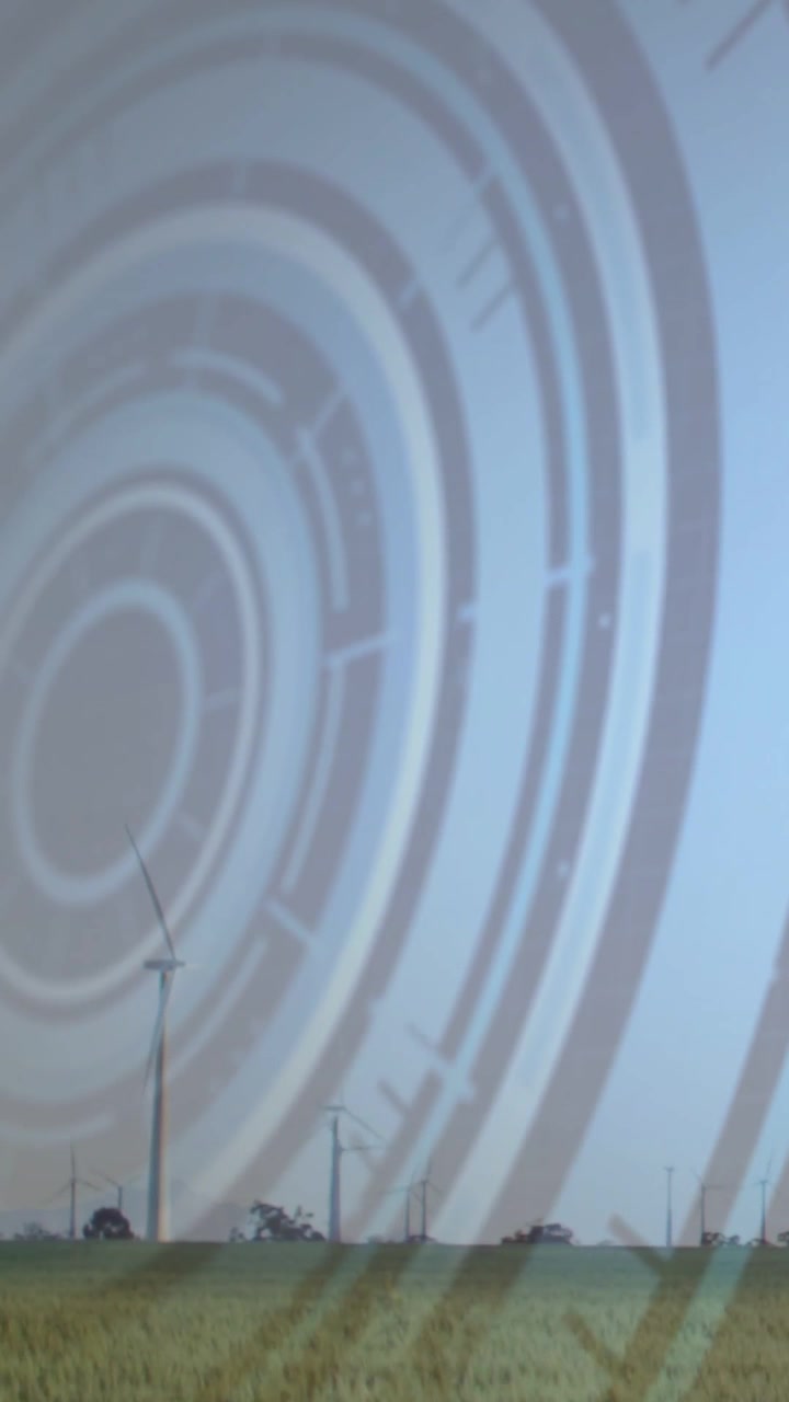 Video verticale: Grafico ad anelli concentrici che si sposta nel cielo attraversando una turbina e visualizzando l'energia.