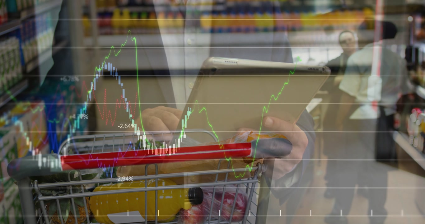 Man tapping tablet at cart starting stock charts overlay for funds while senior lying giving thumbs
