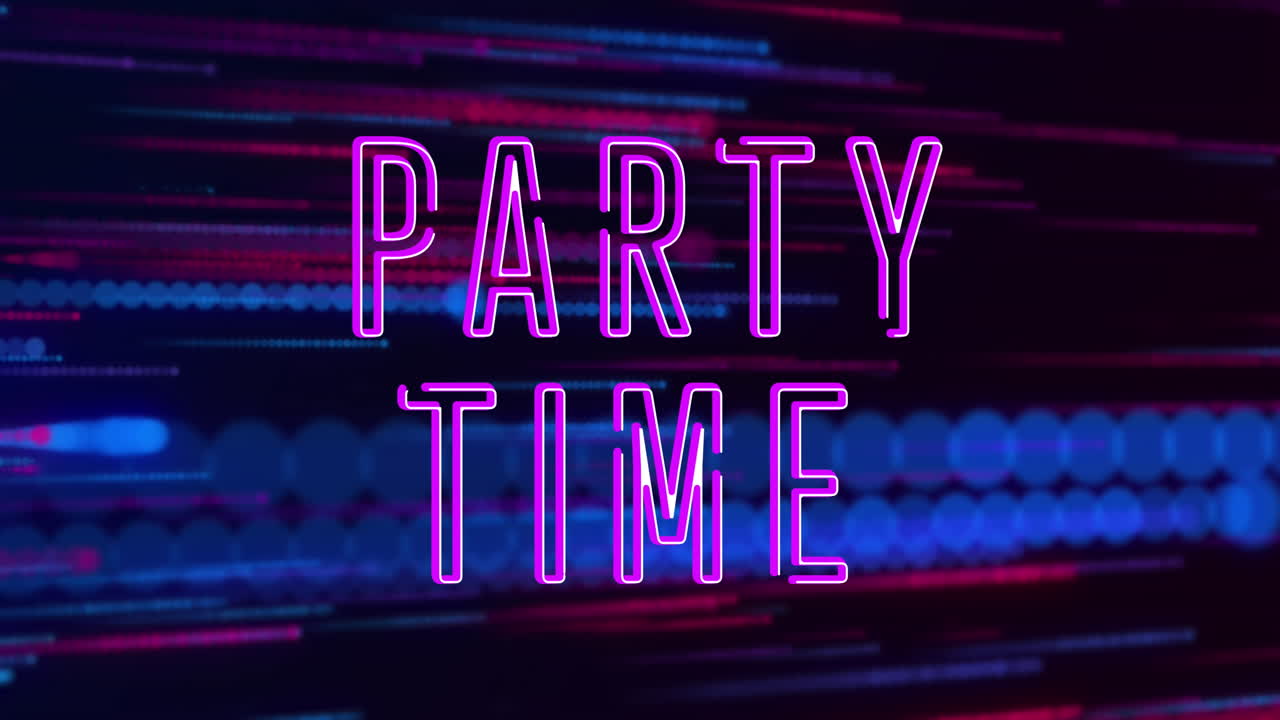 Animation of party time text banner over glowing blue and pink light trails against black background