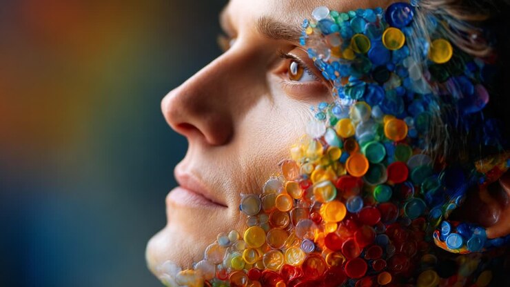 A stunning visual portrayal of a person's face adorned with colorful beads, highlighting vibrant colors and unique textures that create a striking, artistic expression of identity and beauty
