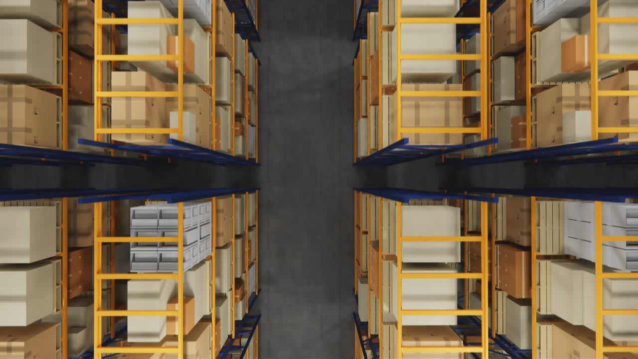 almacén con cajas de cartón en el interior en estantes de paletas, centro logístico. loft almacén moderno. cajas de cardboard en una cinta transportadora en un almacén, animación de renderización 4k 3d.