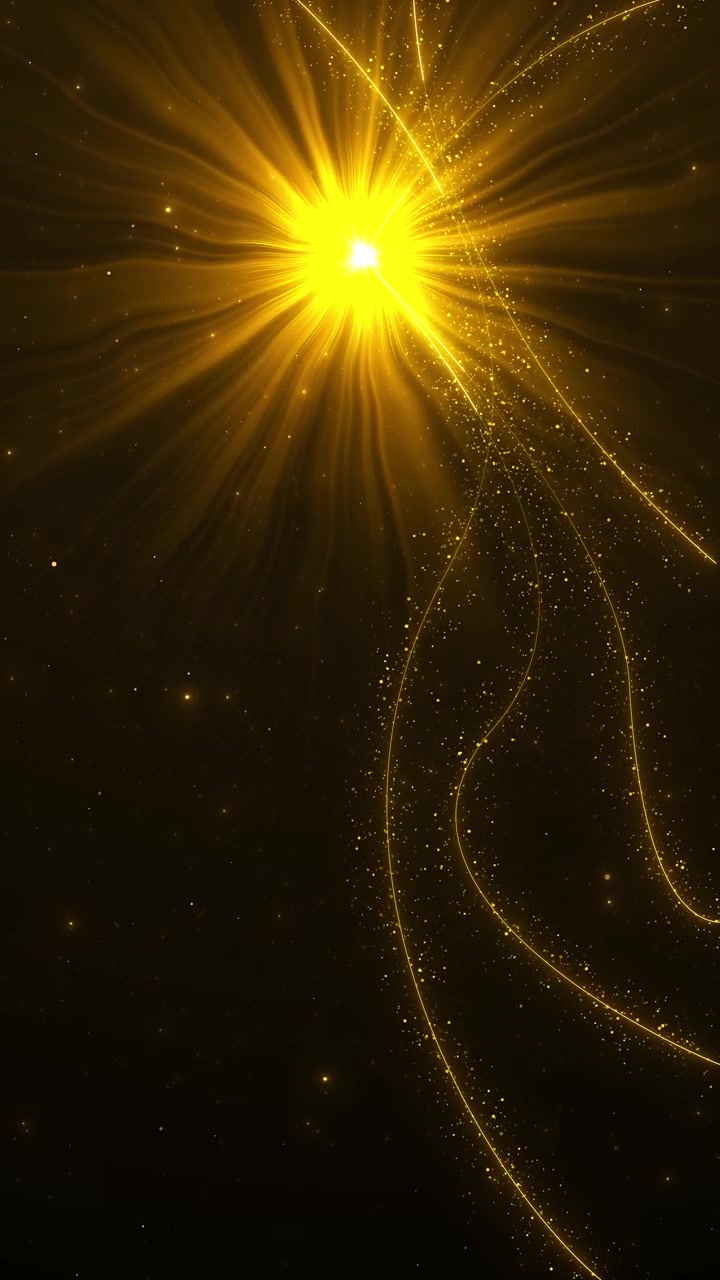 Particelle di bagliore d'oro di lusso, luce stellare luminosa, curve fluide e spazio cinematografico scuro per un premio.