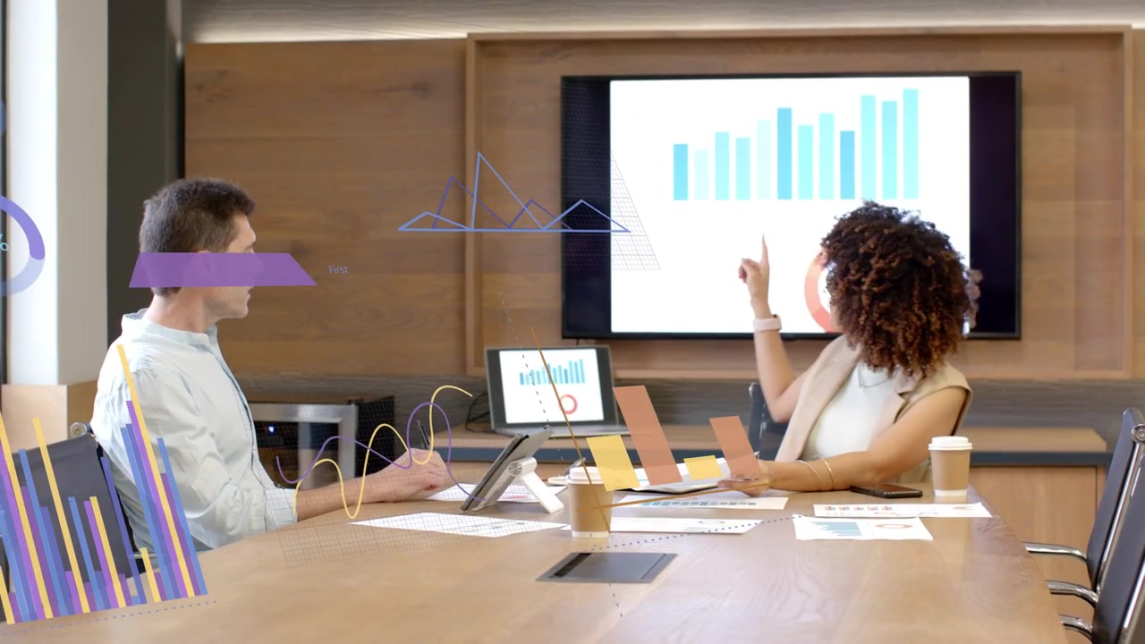 Man tapping tablet and causing animated percent rings, team reviewing business charts and pointing