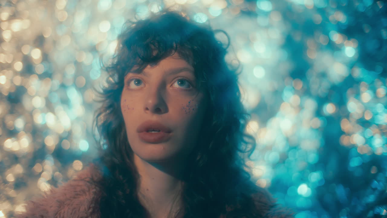 Young Woman Looking Up and Talking Surrounded by Glowing Bokeh Lights