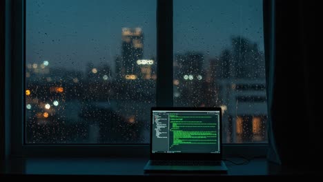 working on code during the night, with the shimmering city lights and the sound of rain outside, cultivates an incredibly focused atmosphere