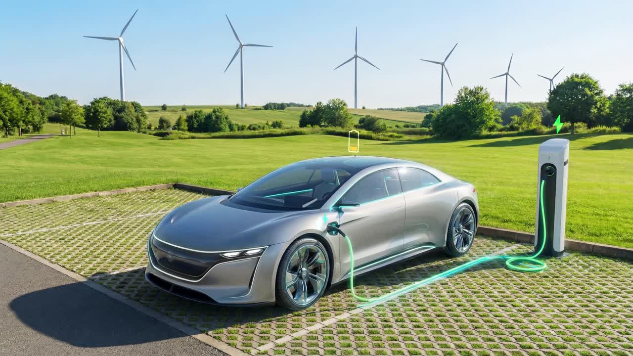 Fütüristik lüks elektrikli sedan araç, rüzgar türbinleri ve X-ışını batarya görselleştirmesi olan bir yenilenebilir enerji istasyonunda şarj oluyor.