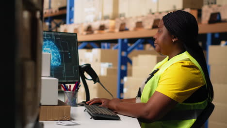 black warehouse clerk managing orders in boxes next to ai machine learning