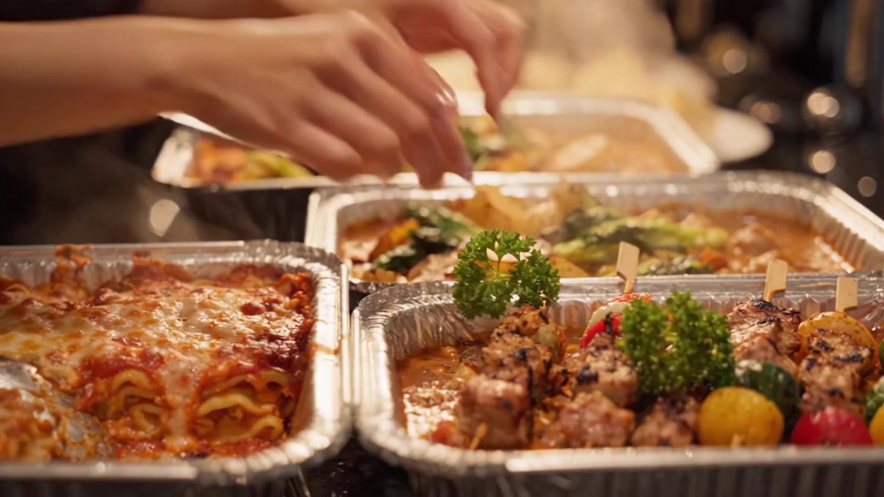 Piatti deliziosamente preparati con lasagne e spiedini alla griglia in vassoi di alluminio fumanti, che mostrano delizie culinarie a un accogliente evento di ritrovo.