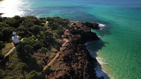 fingal head lighthouse in fingal head, nsw, australia - aerial drone shot