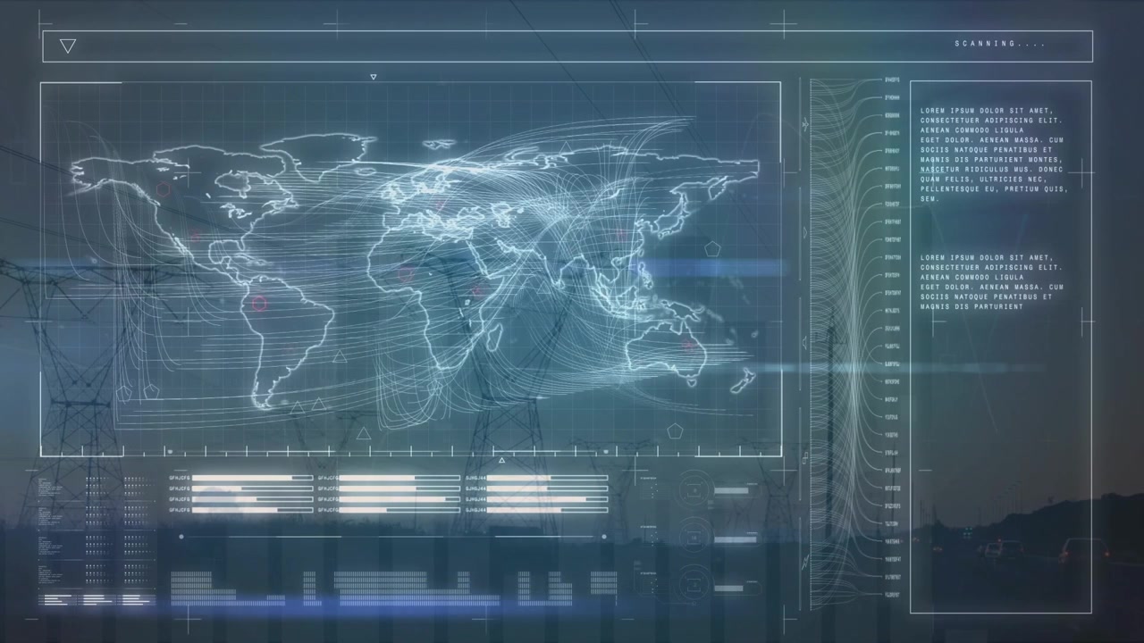 Animation of data processing on navy digital screen