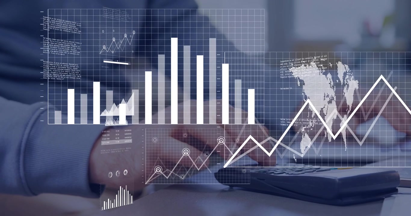 Analista che posiziona le dita sulla tastiera e digita, con grafici che appaiono e convergono, visualizzando i dati