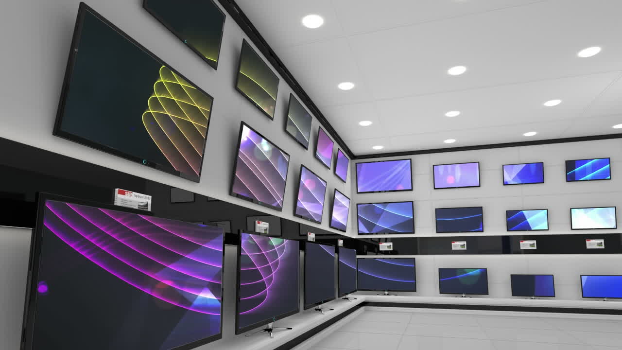여러 텔레비전의 스크린에서 동기화 된 비디오를 재생 하는 전자 제품 상점의 내부