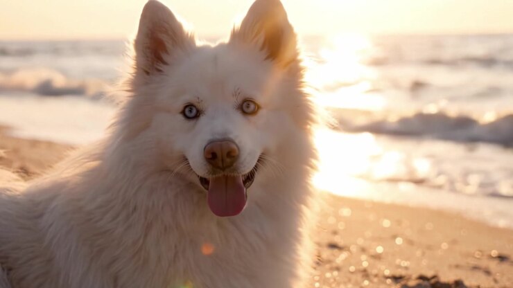 A Beautiful White Dog Enjoying a Tranquil Sunset by the Beach, Capturing the Essence of Playfulness and Natural Beauty in Every Frame