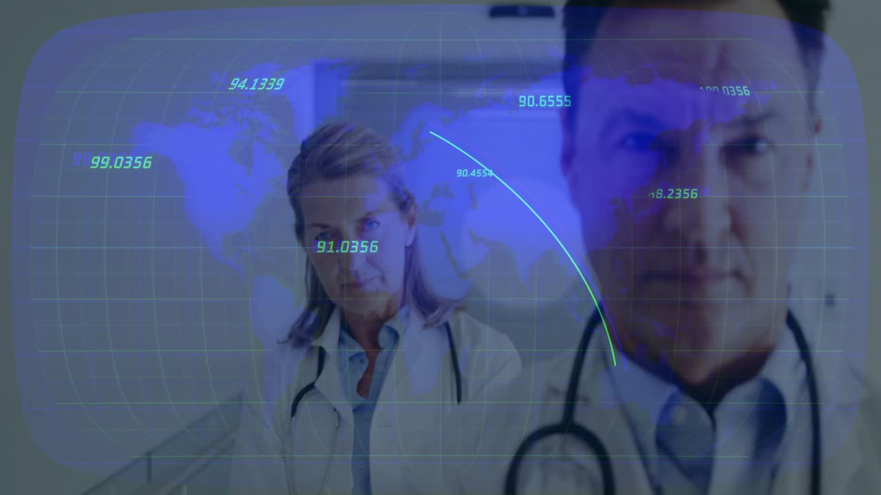 Doktor iniciuje překrytí mapy animující oblouky propojující data, zatímco do záběru vstupuje mužský lékař posuzující zdraví.