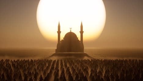 a-mosque-on-a-desert,-arid-environment,-with-a-middle-eastern-dressed-crowd-standing-idle-on-sunset-with-dark-shadows,-3D-animation,-3D-scene,-dystopian-theme,-camera-zoom-out-slowly