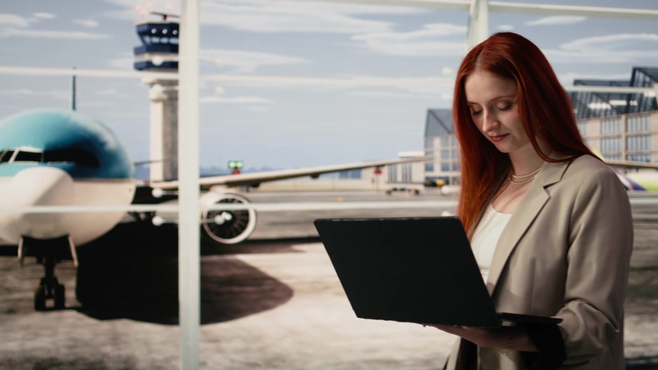Primer plano de una empresaria en el aeropuerto tecleando en su portátil mientras camina.