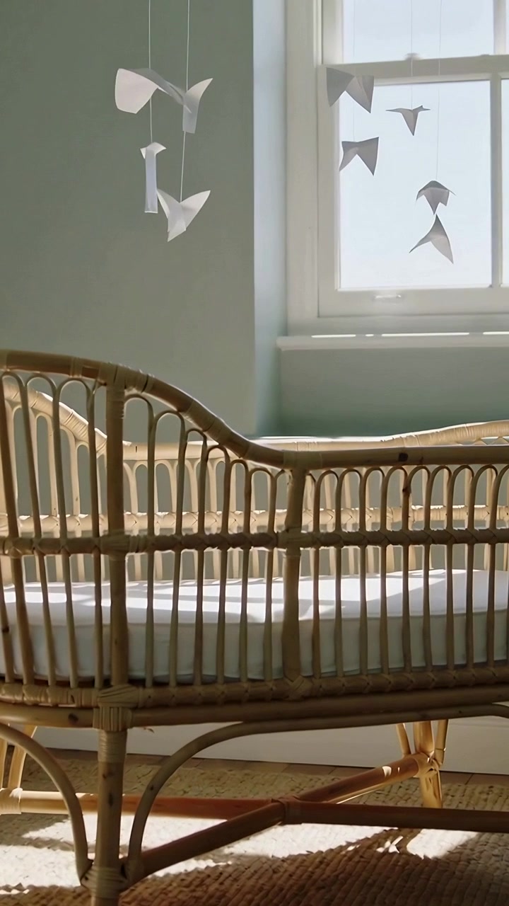 Vertical video: Streaming daylight, mobile and paper birds swaying over rattan cradle in nursery
