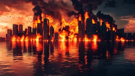 a city on fire in the middle of a body of water