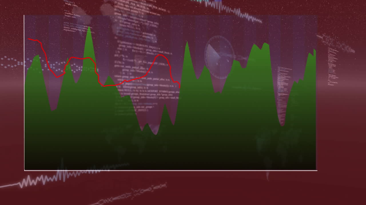 Financial data and stock market trends animation over fluctuating green graph