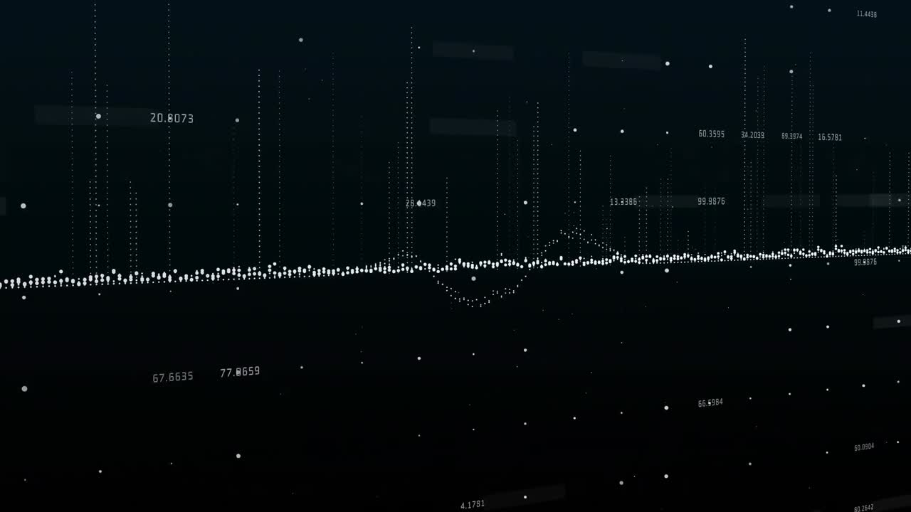Animation of financial data processing over grid on dark background
