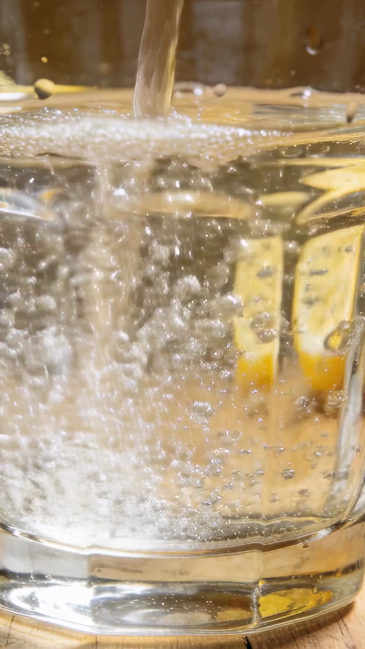 Vertical video: Pouring soda from thin stream into glass on wood counter with lemon slices, bubbles