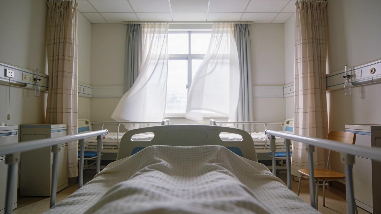 Cortinas transparentes esvoaçantes movendo-se com a brisa da janela aberta em um quarto de paciente, revelando grades de cama de metal.