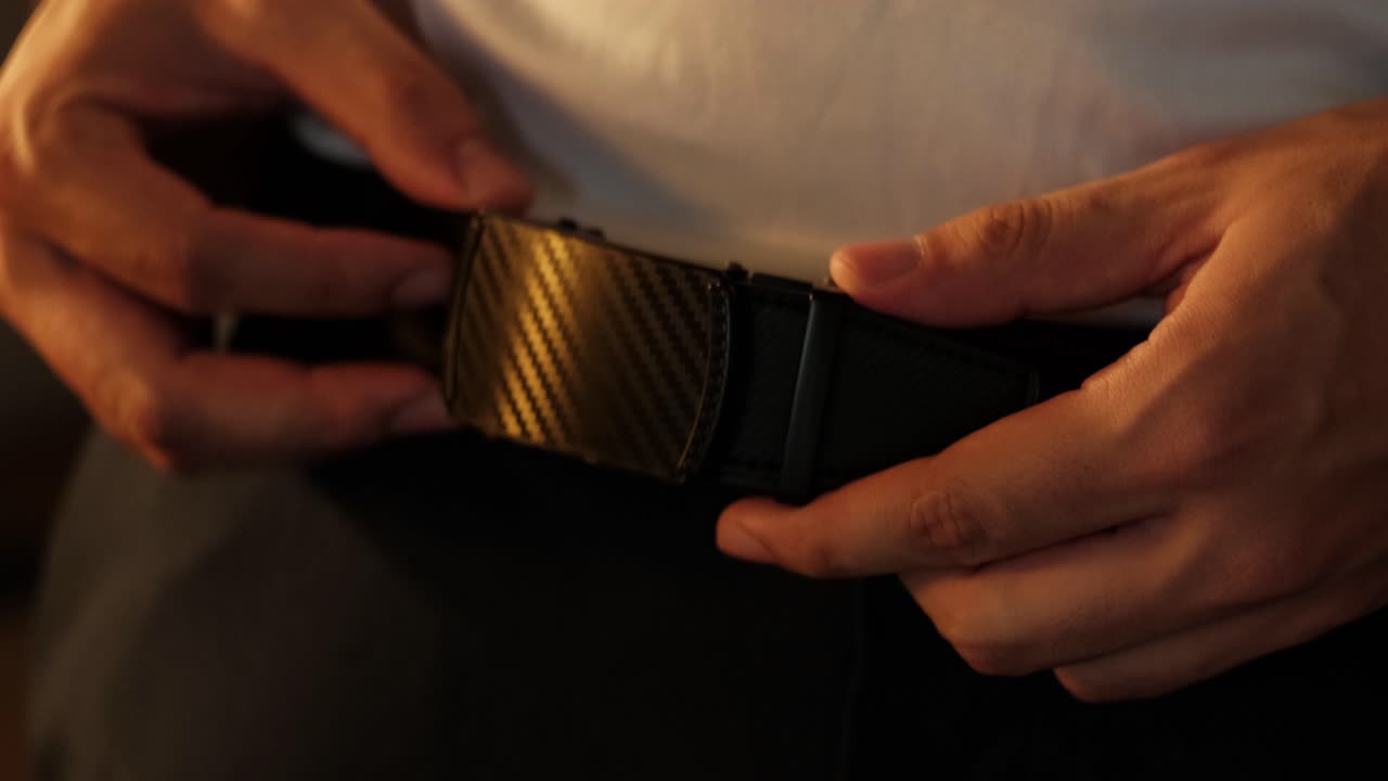 Close up Tangan Pria Mengencangkan Gesper Sabuk Serat Karbon Hitam