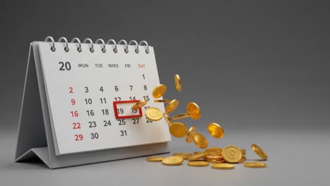 a conceptual visualization of time and wealth: a calendar marked with a date surrounded by golden coins symbolizing important financial milestones and growth opportunities