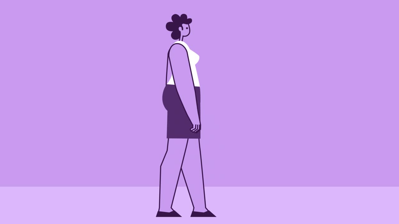 Purple Style Woman Flat Character Walking Cycle. Isolated Loop Animation with Alpha Channel