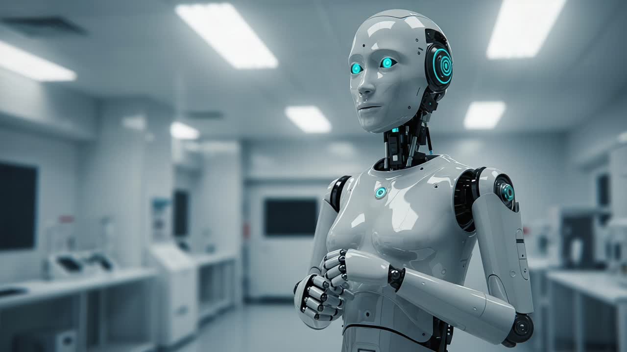 Futuristic Robot with Blue Eyes in a High-Tech Laboratory Setting Showcases Advanced AI Technology and Human-Robot Interaction in a Sleek Design Environment