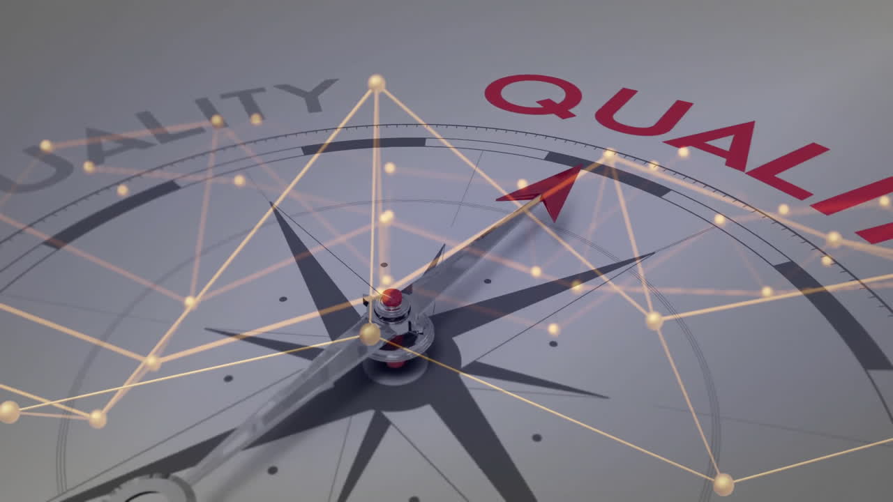 Animation of network of connections over compass with texts on white background