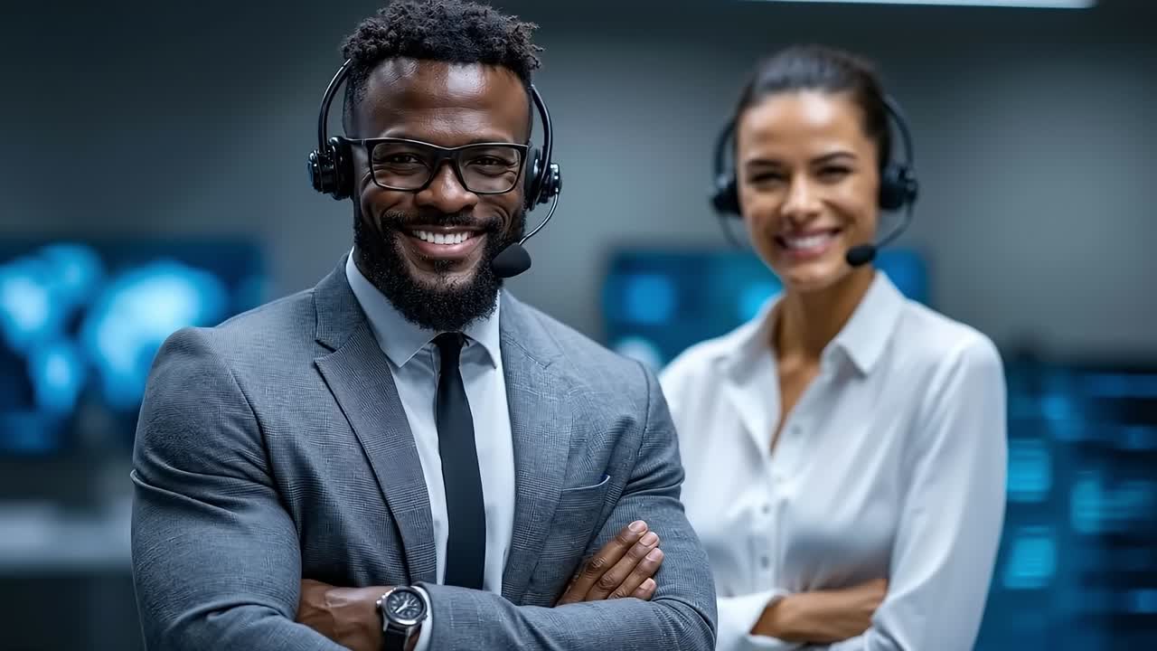 un hombre y una mujer usando auriculares en un centro de llamadas